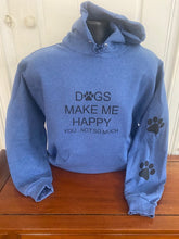 Load image into Gallery viewer, " Dogs Happy " with 2 Paw Prints: Heather Blue Hoodie