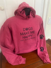 Load image into Gallery viewer, " Dogs Happy " with 2 Paw Prints: Heather Red Hoodie