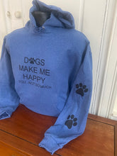 Load image into Gallery viewer, " Dogs Happy " with 2 Paw Prints: Heather Blue Hoodie
