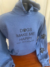 Load image into Gallery viewer, " Dogs Happy " with 2 Paw Prints: Heather Blue Hoodie
