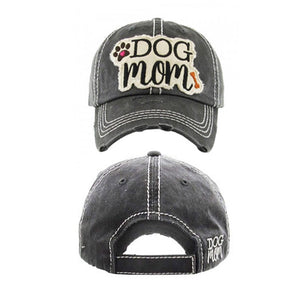 Embroidered Vintage Distressed “Dog Mom” Hat - Black