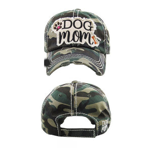 Embroidered Vintage Distressed “Dog Mom” Hat - Green & Brown Camo