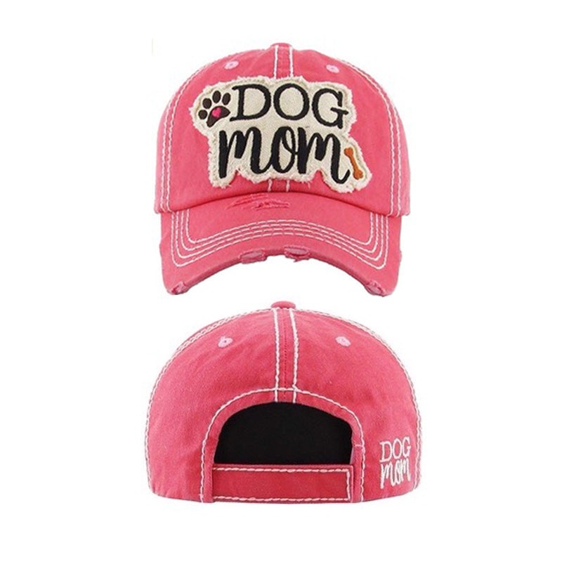 Embroidered Vintage Distressed “Dog Mom” Hat - HOT PINK