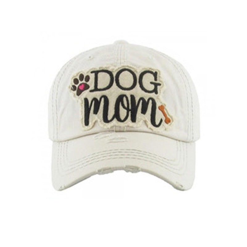 Embroidered Vintage Distressed “Dog Mom” Hat - White