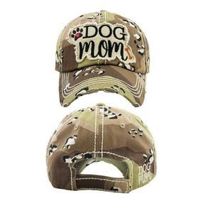 Embroidered Vintage Distressed “Dog Mom” Hat - Green & Brown Camo